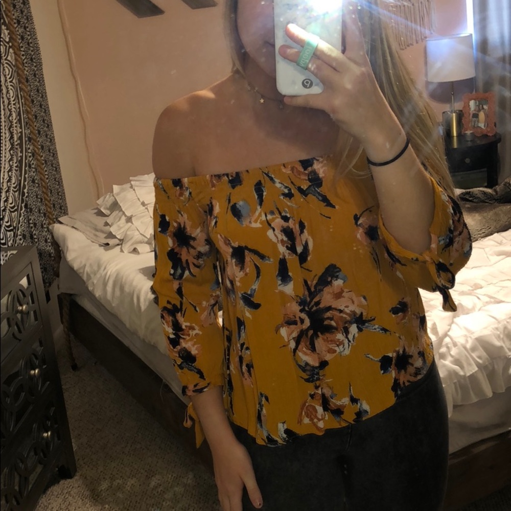 yellow floral patterned off the shoulder top